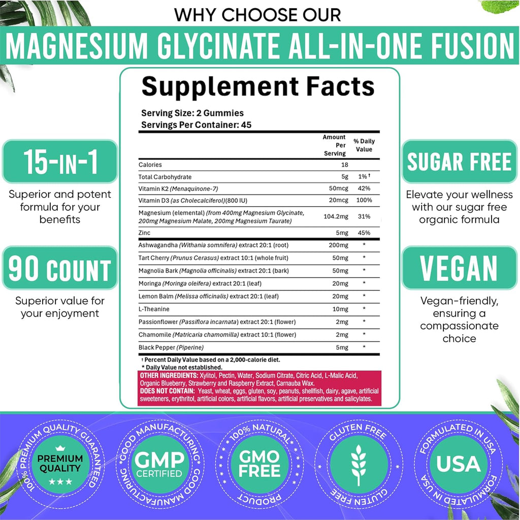 Adndale 180ct 15-in-1 Magnesium Glycinate Gummies 400 mg/serv- with Magnesium Malate, Ashwagandha, Tart Cherry, Magnolia Bark, Lemon Balm, Passionflower, Chamomile, L-Theanine, Zinc, Vitamin K2 & D3