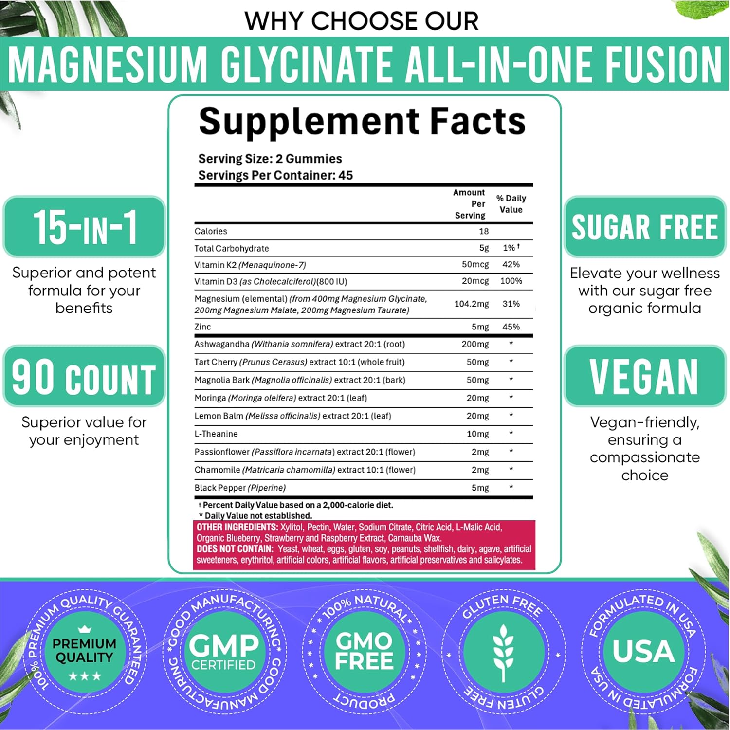 Adndale 180ct 15-in-1 Magnesium Glycinate Gummies 400 mg/serv- with Magnesium Malate, Ashwagandha, Tart Cherry, Magnolia Bark, Lemon Balm, Passionflower, Chamomile, L-Theanine, Zinc, Vitamin K2 & D3