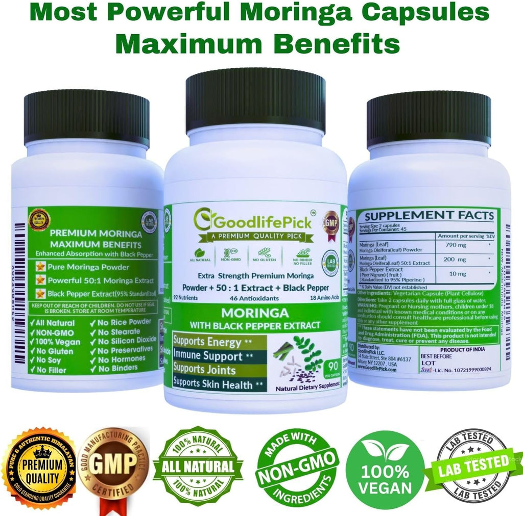 Premium Moringa Capsules. with Black Pepper from Handpicked Moringa Leaves with 50:1 Extract & Moringa Powder for Overall Wellness 90ct AllNatural NonGMO Lab-Tested No Rice Powder No Filler Vegan