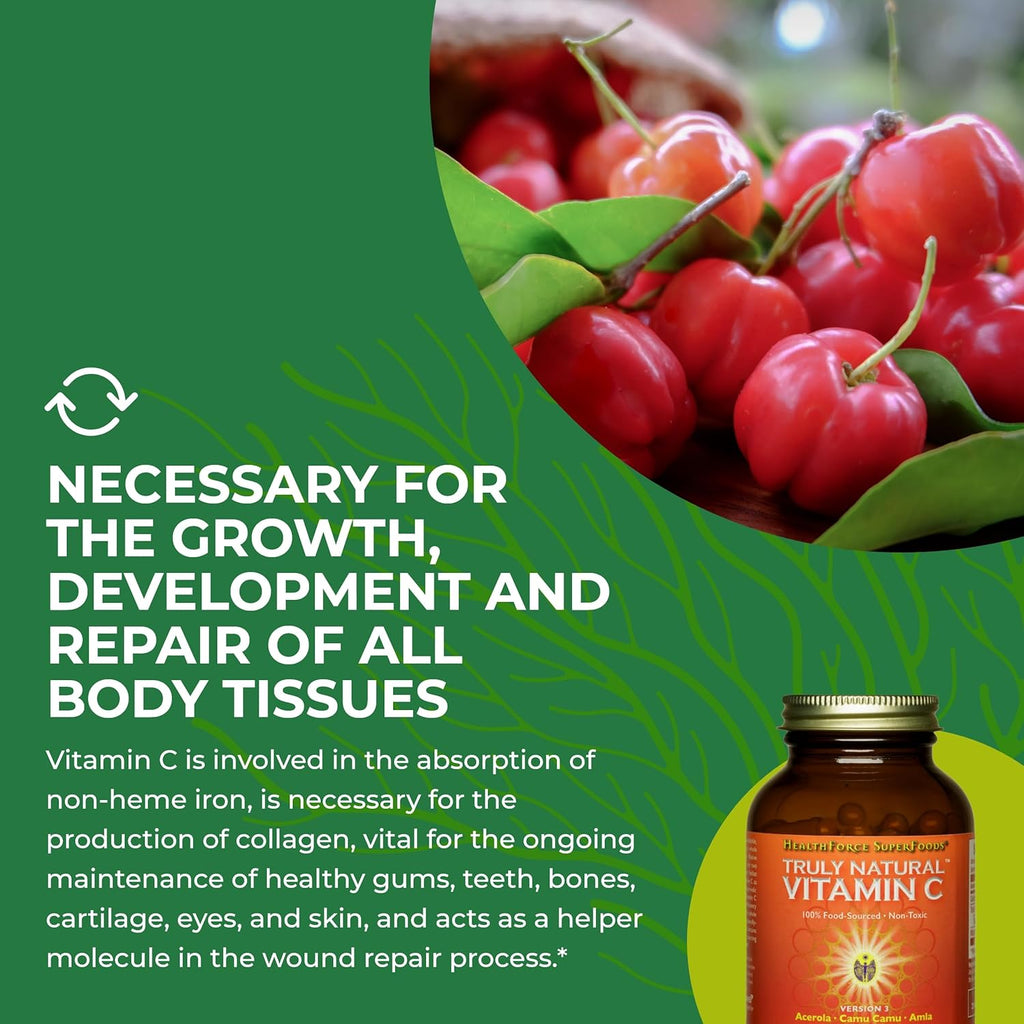 HEALTHFORCE SUPERFOODS Truly Natural Vitamin C - Immune Support Supplement with Camu Camu Berry - Vitamin C Supplement for Immune Health - Vegan, Non-GMO - 120 Vegan Caps, 15 Servings