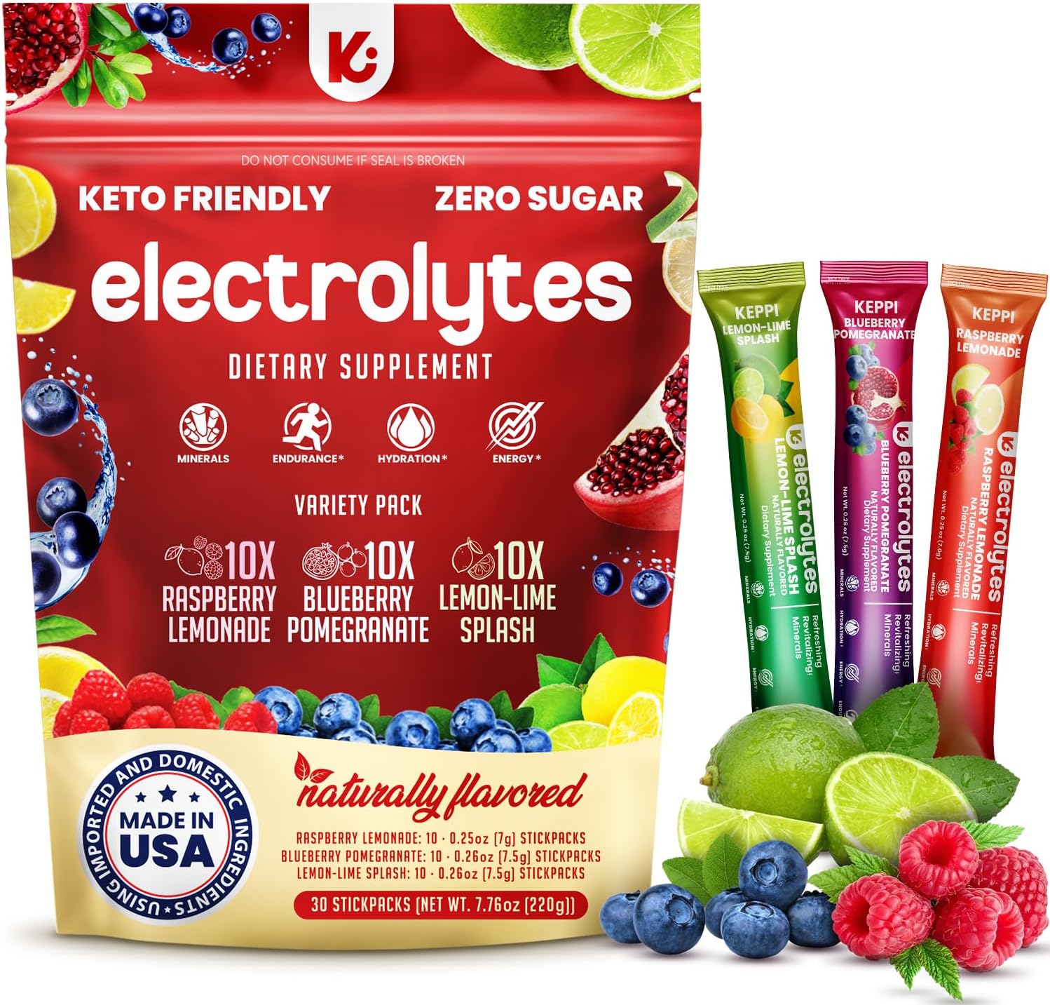 Keppi Electrolytes Powder Packets Assorted Flavors – Sugar Free Hydration Drink Mix with Potassium, Magnesium, Sodium – 30 Hydration Packets – Keto, Vegan, Fasting-Friendly, Zero Calorie