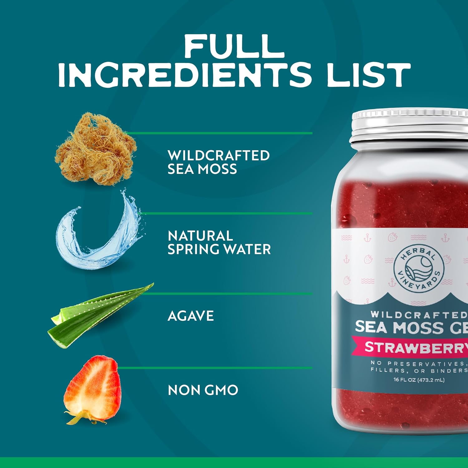 Herbal Vineyards Wildcrafted Irish Strawberry Sea Moss Gel 16 Oz - Organic Seamoss Gel Made with Dried Seaweed & Fresh Sea Vegetables, Natural & Plant-Based, Harvested in Pristine Waters, USA