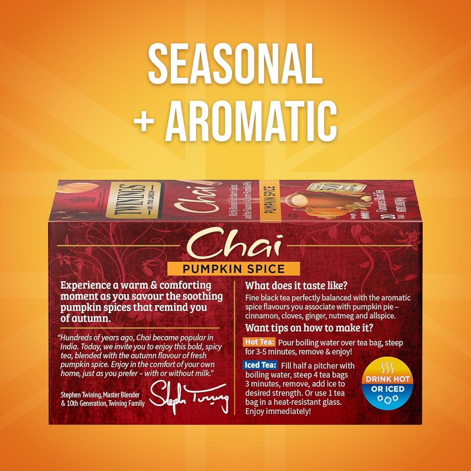 Twinings Pumpkin Spice Chai Black Tea Individually Wrapped Bags, 20 Count (Pack of 1), Warm, Spicy & Aromatic, Caffeinated, Enjoy Hot or Iced, 20 Teabags