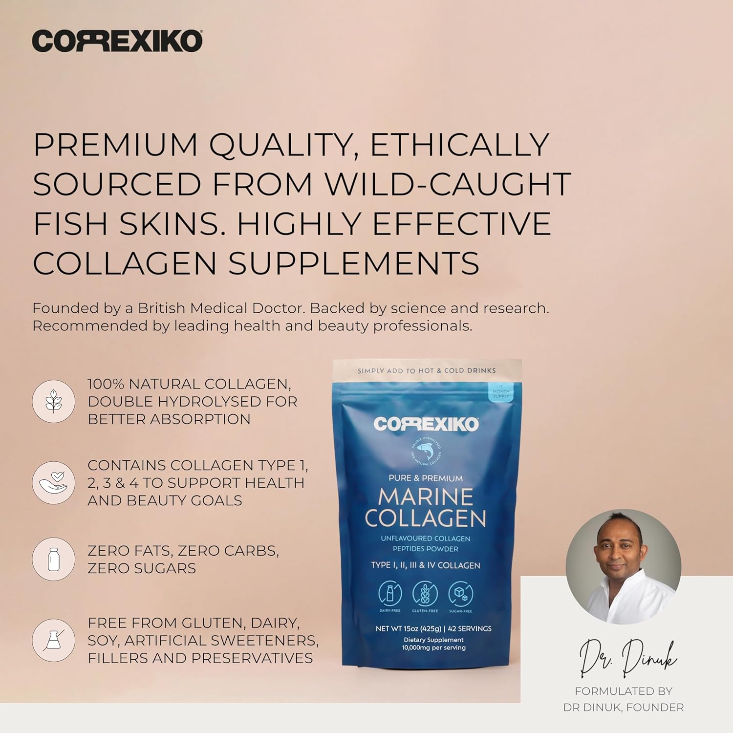 CORREXIKO Marine Collagen Powder Supplement Unflavored - 10,000mg Double Hydrolyzed Collagen Peptides per Serving - Formulated for Maximum Absorption - Hair, Skin & Nails - 15oz, 42 Servings