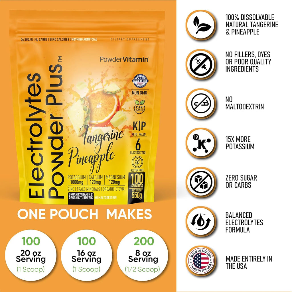 PowderVitamin Electrolytes Powder Plus (100 Servings) Tangerine Pineapple Electrolyte Powder Zero Calorie Keto,0Sugar, No Maltodextrin,1000mg Potassium,120mg Calcium,120mg Magnesium, Hydration Powder