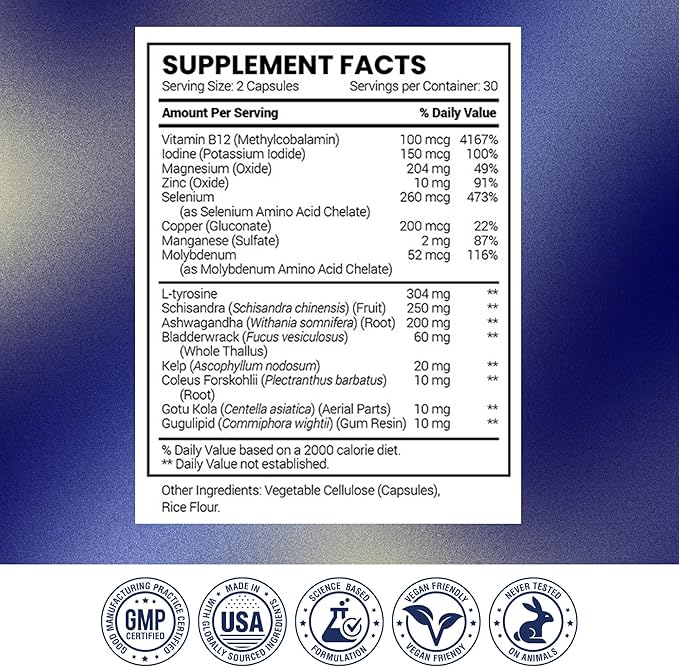 Research Verified® Thyroid Aid - Optimal Thyroid Function with Iodine, Copper & Zinc - 260 mcg Selenium - 100% Pure - Vegan Friendly - 60 Capsules Per Bottle - 6 Bottles