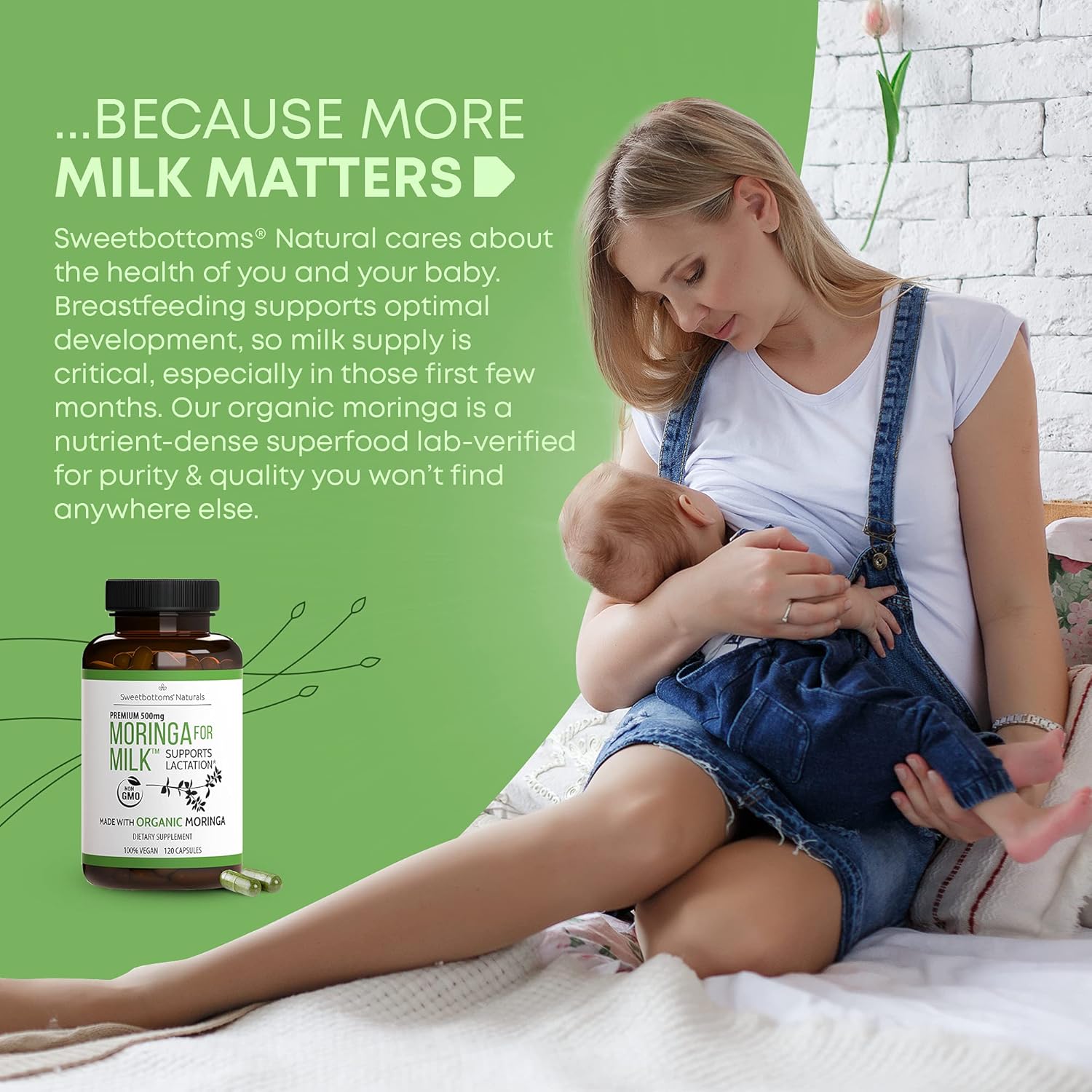 Lactation Supplement - Organic Moringa Capsules for Breastfeeding Support to Increase Breastmilk Supply (120 ct) Pure Malunggay Leaf Powder for Milk Production Booster & Postnatal Vitamins A E K 500mg