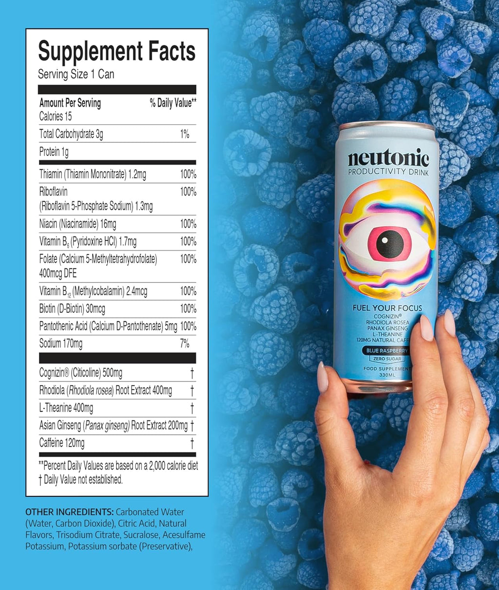 Neutonic Nootropic Productivity Energy Drink | Blue Raspberry 12 Cans | 120mg Natural Caffeine, Zero Sugar | Support Memory, Mental Clarity, Cognitive Function | Boost Focus, Energy, Brain Health