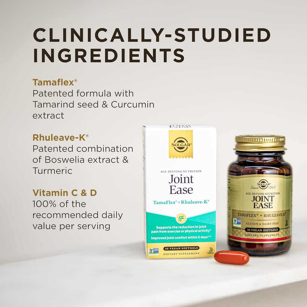 Solgar Joint Ease Supplement for Joint Health and Flexibility, Boswellia and Turmeric Extracts, Vitamins D and C, Vegan, Age-Defying Nutrition for Men and Women, Gluten-Free, 30 Servings