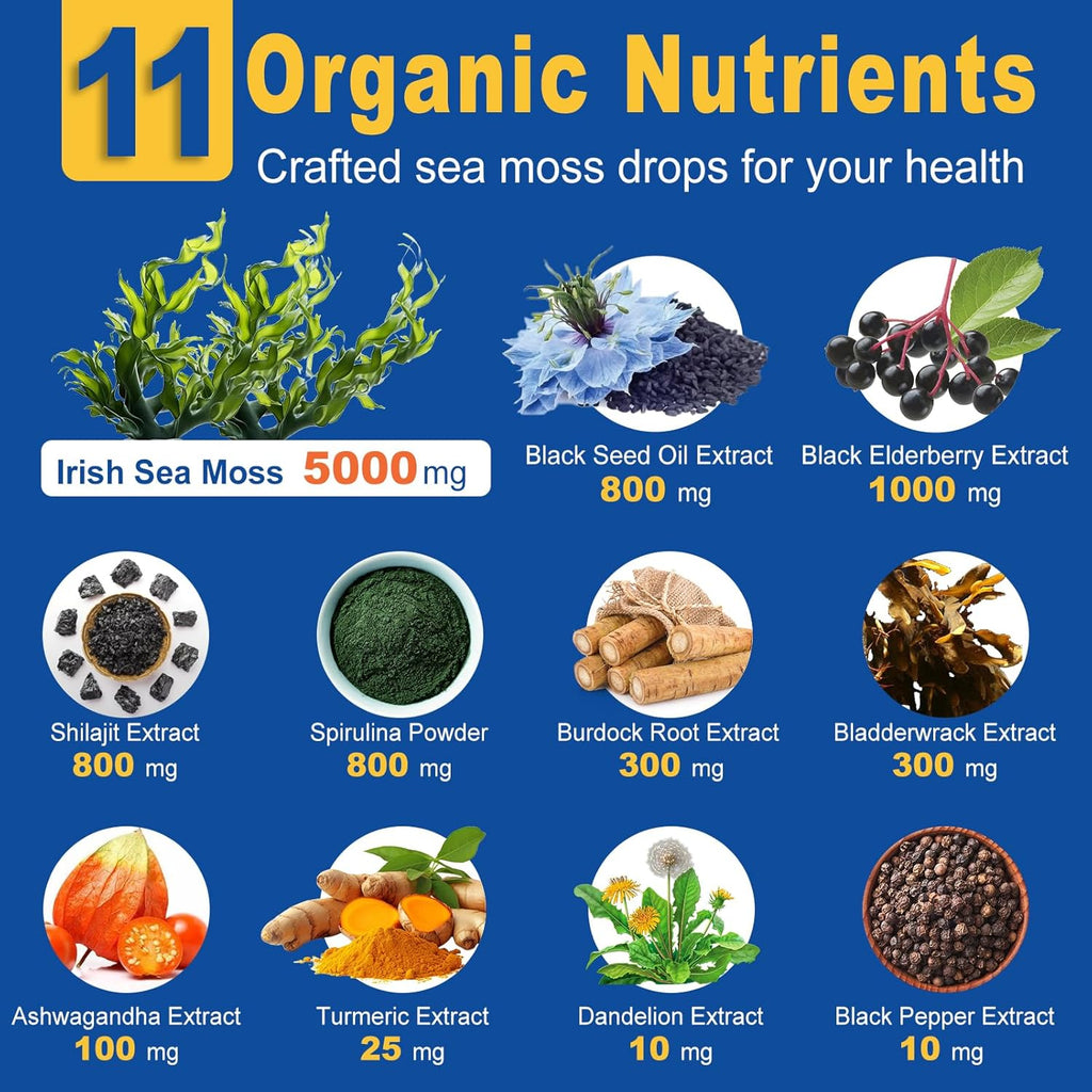 Sea Moss Drops, Irish Liquid Sea Moss Gel Supplement with Black Seed Oil, Shilajit, Elderberry, Burdock Root, Spirulina, Bladderwrack for Digestion Health, Non-GMO, 2 Fl Oz