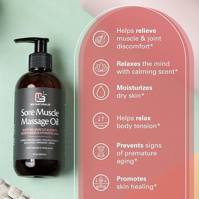 M3 Arnica Sore Muscle Massage Oil with Collagen, Stem Cells, and Menthol, Anti-Cellulite Therapy for Full Body, Fast-Absorbing Multipurpose Treatment