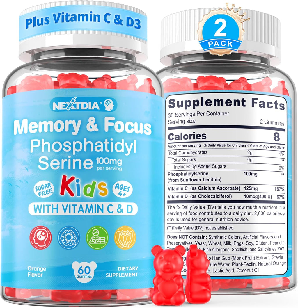 Phosphatidylserine Supplement 100mg, Focus Gummies for Kids Teens + Vitamin C & D3 400IU, Sugar Free Kids Brain Gummies Increase Attention & Concentration, Chewable, Vegan, Gluten Free, Non-GMO 2 Pack