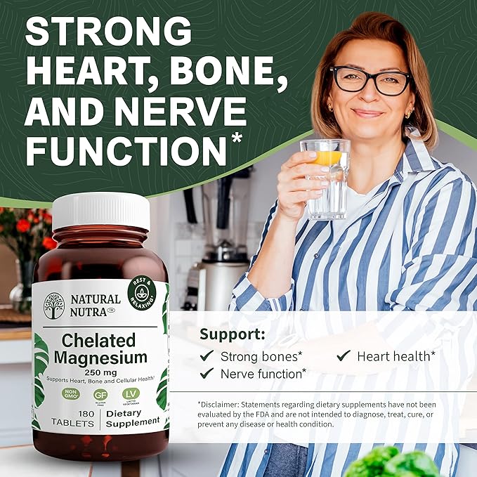 Natural Nutra Chelated Magnesium Oxide 250 mg - High Absorption for Strong Bones, Heart Health, Dental Health, Energy Boost, Gluten-Free, Non-GMO, 180 Tablets in BPA-Free Recyclable Glass Bottles
