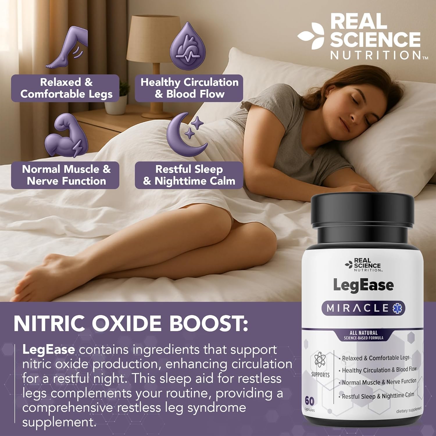 Real Science LegEase Miracle 3 Pack – All Natural Restless Legs Syndrome Relief & Leg Cramp Supplement with Vitamins C, D, K, B6, B12 + Nitric Oxide Support – Sleep & Circulation Aid – 90 Caps