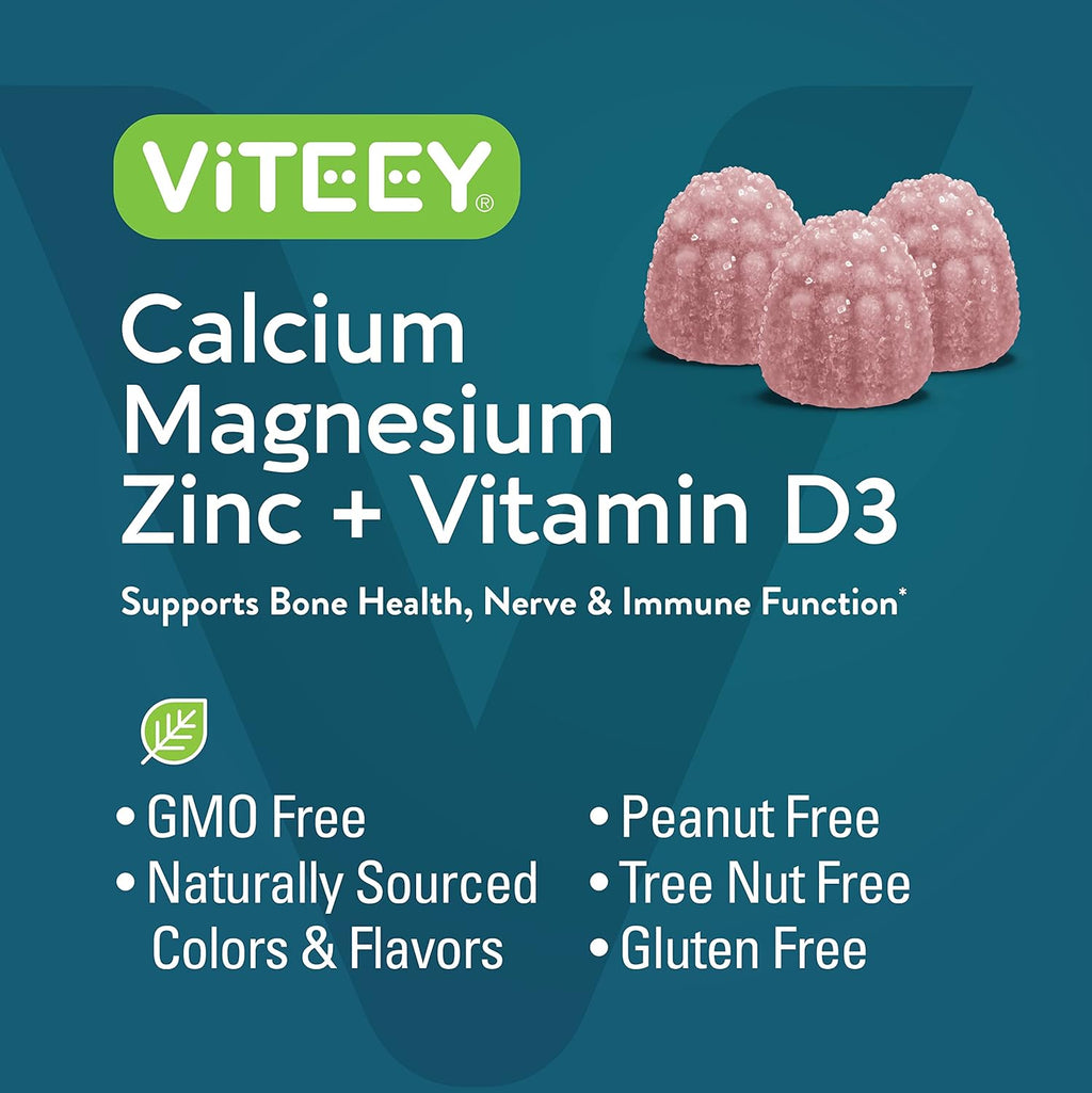Viteey Calcium Magnesium Zinc Gummies with Vitamin D3 - Supports Bone Health, Nerve & Immune Function - Calcium Magnesium Zinc D3 for Adults & Teens - GMO Free - Chewable Raspberry Flavored Gummy