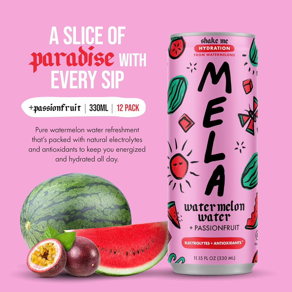Mela Watermelon Water - Watermelon Juice, 100 Percent Natural Fruit Juice with Vitamin C, Electrolytes, Antioxidants - Coconut Water Alternative, Gluten-Free (Passionfruit, 11.15 fl oz, 12-pack)