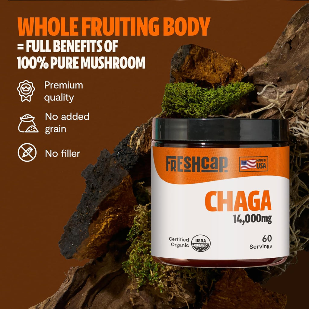 FreshCap Mushrooms Chaga Mushrooms Powder 14,000mg - Chaga Mushroom Extract for Immune and Antioxidants Support, Ayurveda Nootropic Supplement (60 Servings)