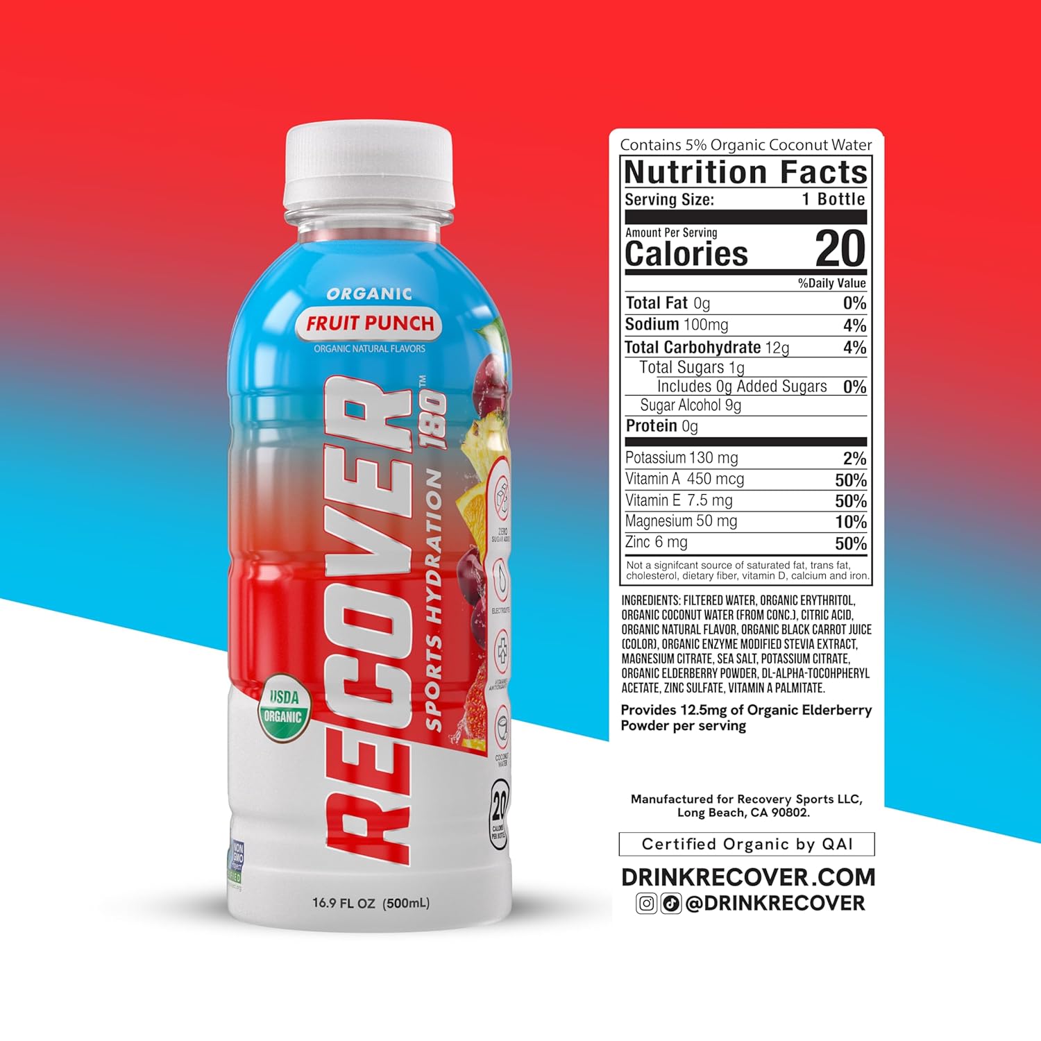 RECOVER 180 Organic Sports Hydration Drink, No Sugar Added, 20 Calorie Sports Beverage, Organic Flavors With Vitamins, Potassium-Packed Electrolytes (16.9 Fl Oz (Pack of 12), Fruit Punch)
