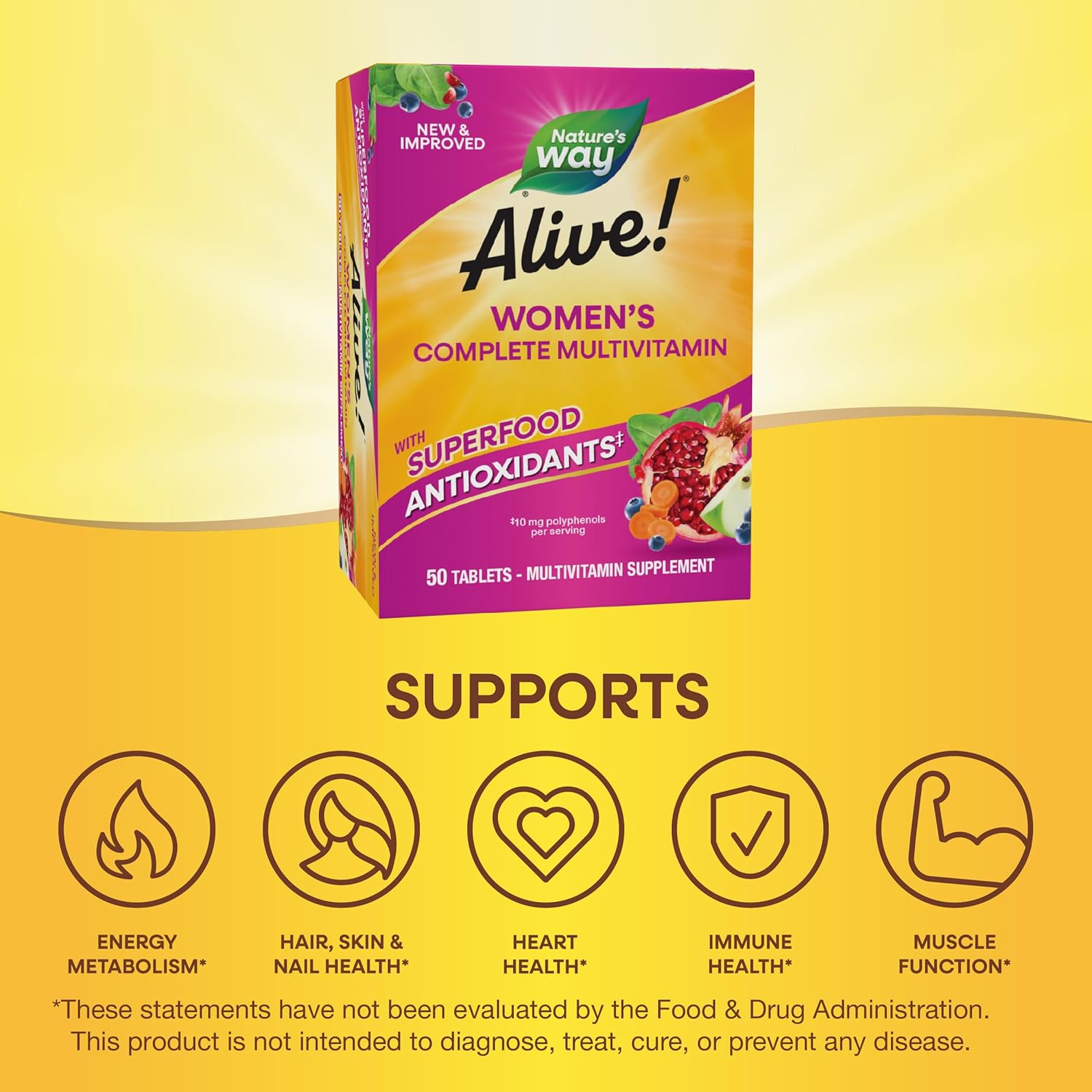 Nature's Way Alive! Daily Complete Multivitamin for Women, Supports Energy Metabolism, Hair, Skin & Nails*, B-Vitamins, Superfood Antioxidants, 50 Tablets (Packaging May Vary)