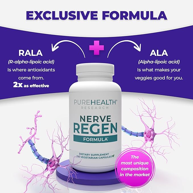 PUREHEALTH RESEARCH Nerve Regen Formula - Nerve Renew for Numbness, Tingling and Burning with R Alpha Lipoic Acid, Benfotiamine 300mg & Passion Flower Extract - Ala Nerve Support Supplement, 3 Bottles