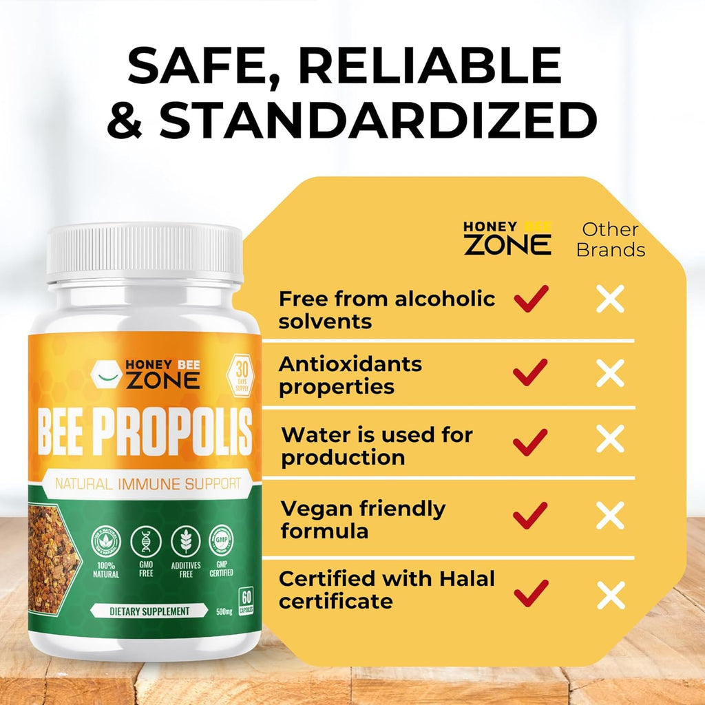 Bee Propolis Capsules – 100% Natural Energy and Immune Support Supplement | Non-GMO, Gluten-Free, 60 Easy-to-Swallow Veggie Capsules