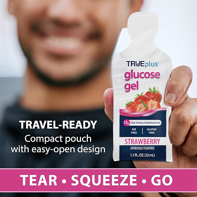 TRUEplus Glucose Gel Pouch, Strawberry Flavor, 15g Fast-Acting Carbohydrates, Fat Free, Gluten Free, Quick Support for Low Blood Sugar and Energy, 6 Pack