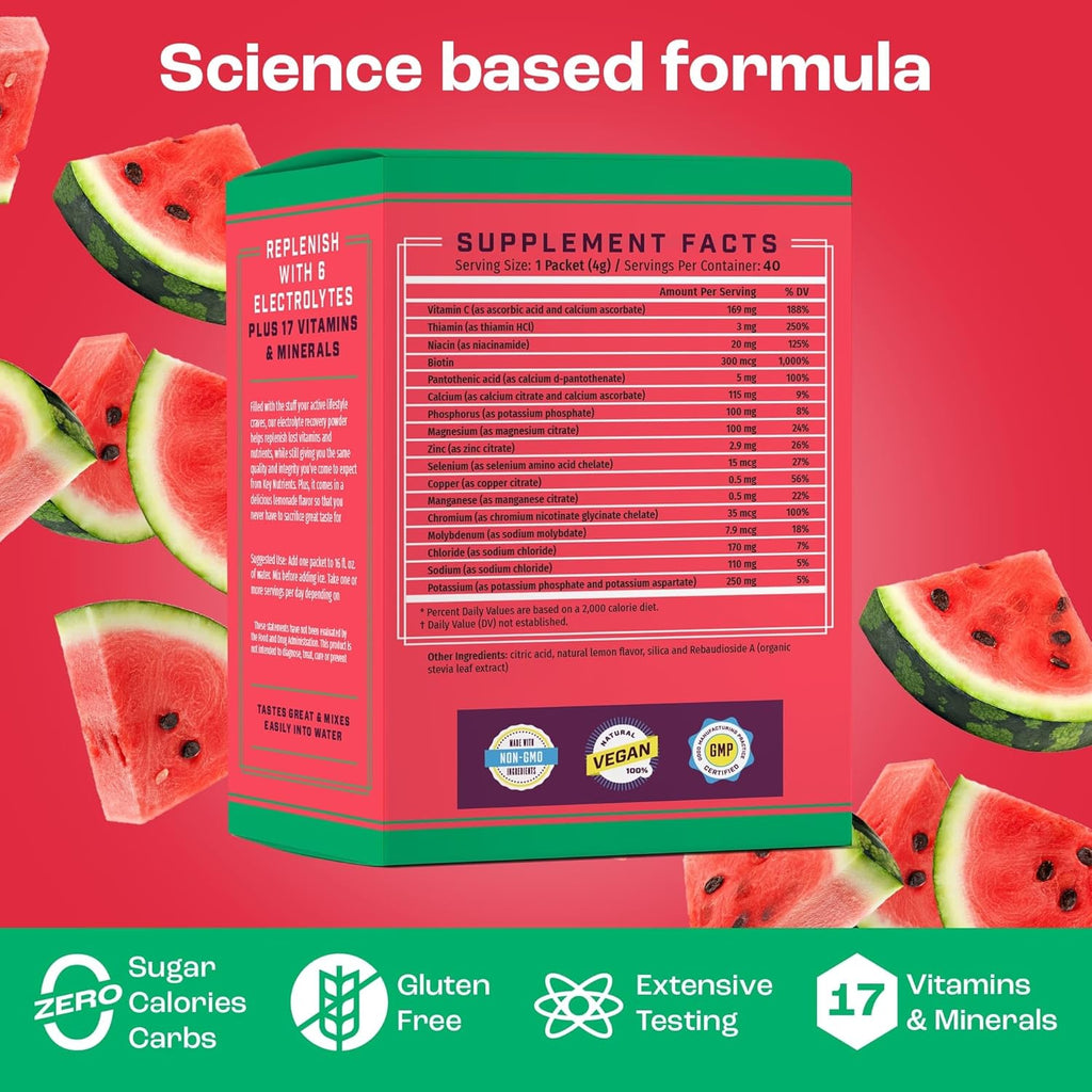 KEY NUTRIENTS Electrolytes Powder Packets - Refreshing Watermelon 40 Pack Hydration Packets - Travel Hydration Powder - No Sugar, No Calories, Gluten Free - Made in USA