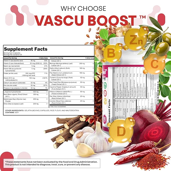 Vascu Boost Beet Root Cayenne Pepper Nitric Oxide Supplement L-Arginine Garlic Niacin Vitamin B Red Yeast Rice Flax Seed Turmeric Curcumin Supplement 90 Capsules by Clean Nutra