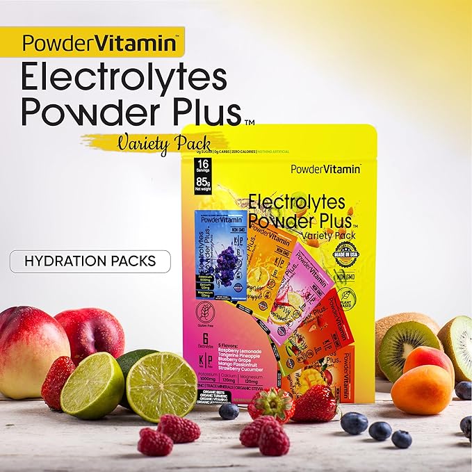 PowderVitamin Electrolytes Powder Plus, Keto, Variety Pack B, Sugar Free, Pink Himalayan Salt, 1000mg Potassium, 120mg Calcium, 120mg Magnesium, Non-GMO, Zero Calories, (16 Hydration Packets)
