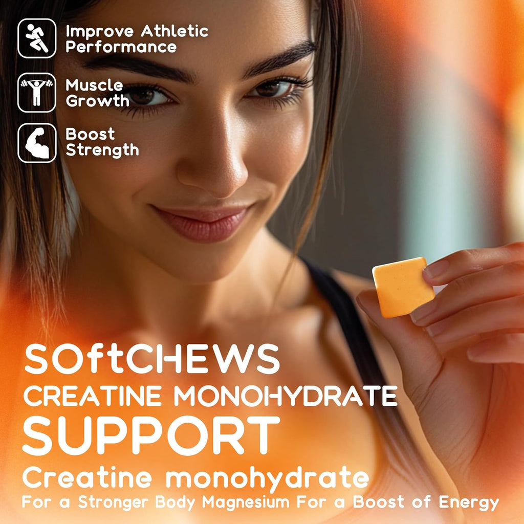 Creatine Monohydrate Chews Complex 6400mg for Men & Women -Advanced Formula W/L-Taurine + Vitamin B12, Sugar Free Chewable Supplement,60 Orange Softchews