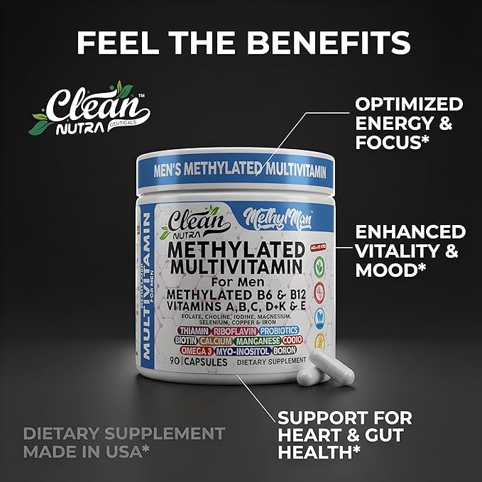 Methylated Multivitamin for Men with Vitamin B12 B6 Choline Magnesium Selenium CoQ10 Iodine Manganese Iron Boron Copper Thiamin Riboflavin Biotin Probiotics Omega 3 | Vegetarian Capsules Mens Vitamins
