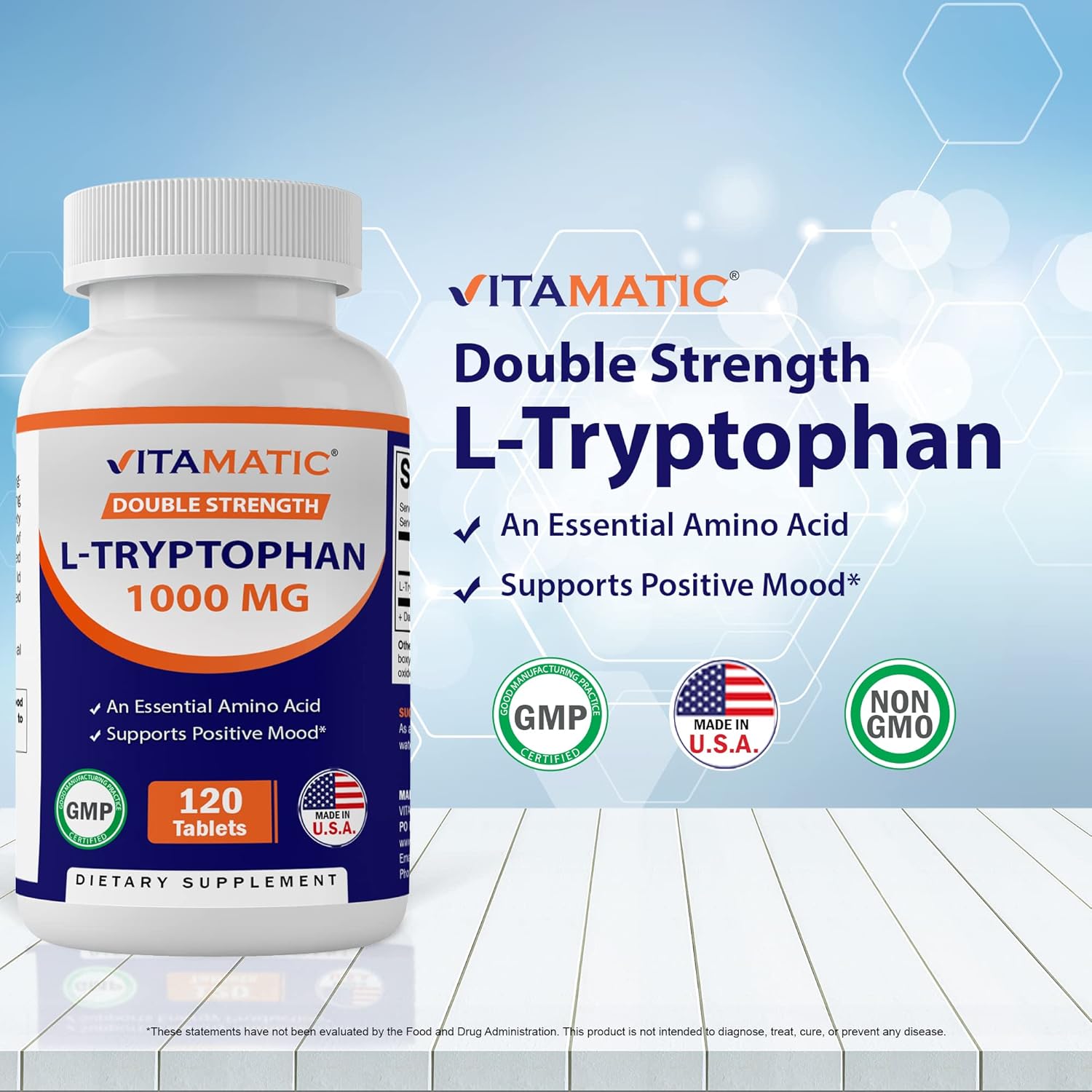 Vitamatic L-Tryptophan 1000mg 120 Tablets (120 Tablets (Pack of 1)) (2 Bottles)