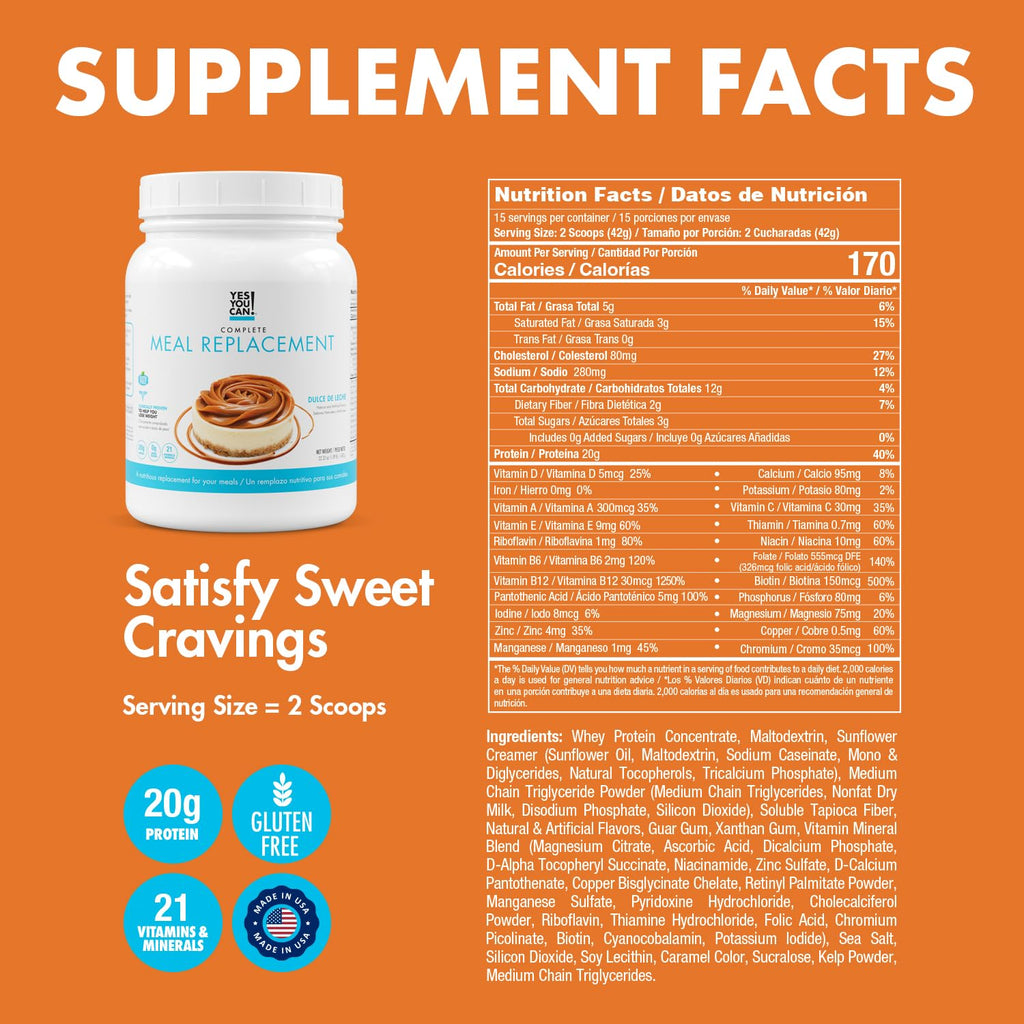 Yes You Can! Complete Meal Replacement - 15 Servings, 20g of Protein, 0g Added Sugars, 21 Vitamins and Minerals - All-in-One Nutritious Meal Replacement Shake (Dulce De Leche)