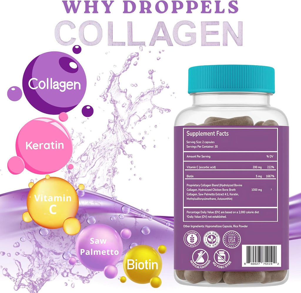 Droppels Collagen Capsules – Advanced Collagen + Biotin + Keratin + Vitamin C – Hair, Skin, Nails & Joints Support – 60 Count Dietary Supplement