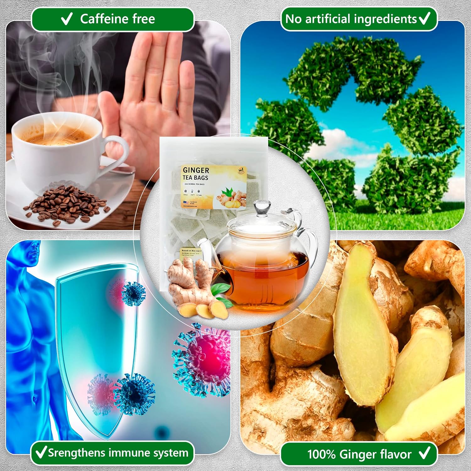 TeadreamTea Ginger Tea Bags - 200 Bleach-Free Tea Bags | Caffeine Free, Antioxidant, Calms Upset Stomach - Strengthen Immune System - Herbal Ginger Tea