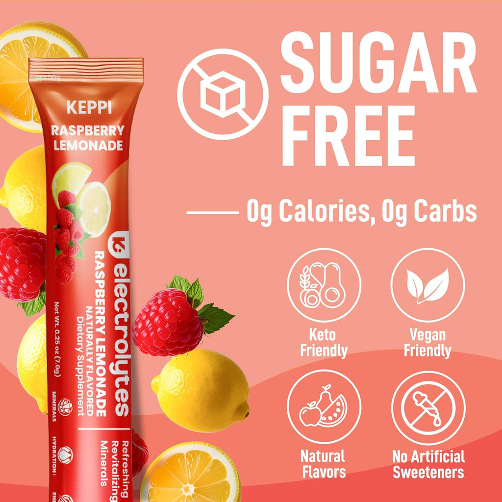 Keppi Electrolytes Powder Packets – Raspberry Lemonade 30 Servings – No Sugar Hydration Supplement with Potassium, Magnesium, Sodium – Keto, Vegan, Fasting-Friendly, Zero Calorie Hydration Packets