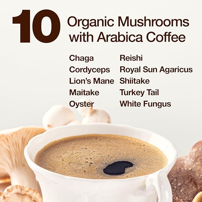 Feelgood Company Mushroom Coffee with 10 Organic Mushrooms and Arabica Coffee, 30 Stick Packs, Zero Added Sugar, Supports Immune Health and Brain Function