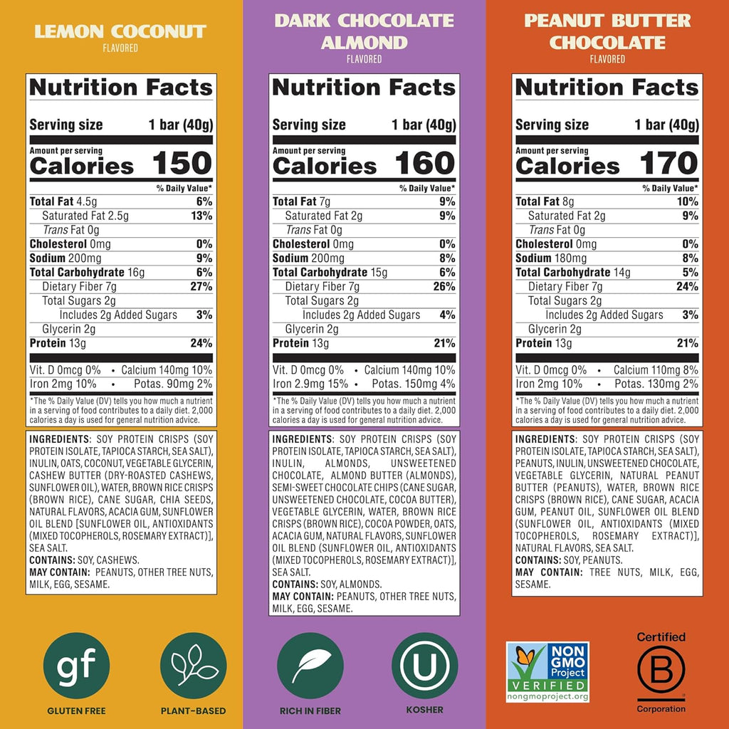 Simply Protein - Crispy Vegan Protein Bars Variety Pack, 3 Flavors - Plant Based, Protein Snacks - 13g Protein, 2g Sugar, 7g Fiber - Gluten Free, Non GMO, Kosher - 12 Bars