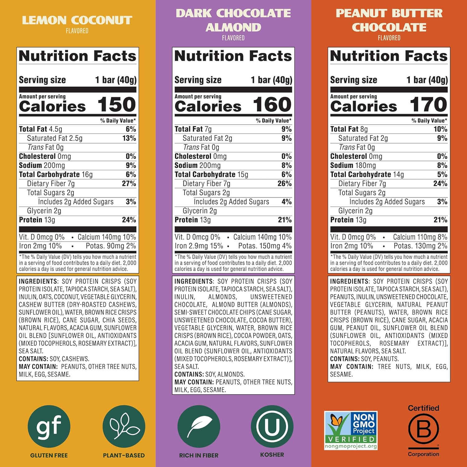 Simply Protein - Crispy Vegan Protein Bars Variety Pack, 3 Flavors - Plant Based, Protein Snacks - 13g Protein, 2g Sugar, 7g Fiber - Gluten Free, Non GMO, Kosher - 12 Bars