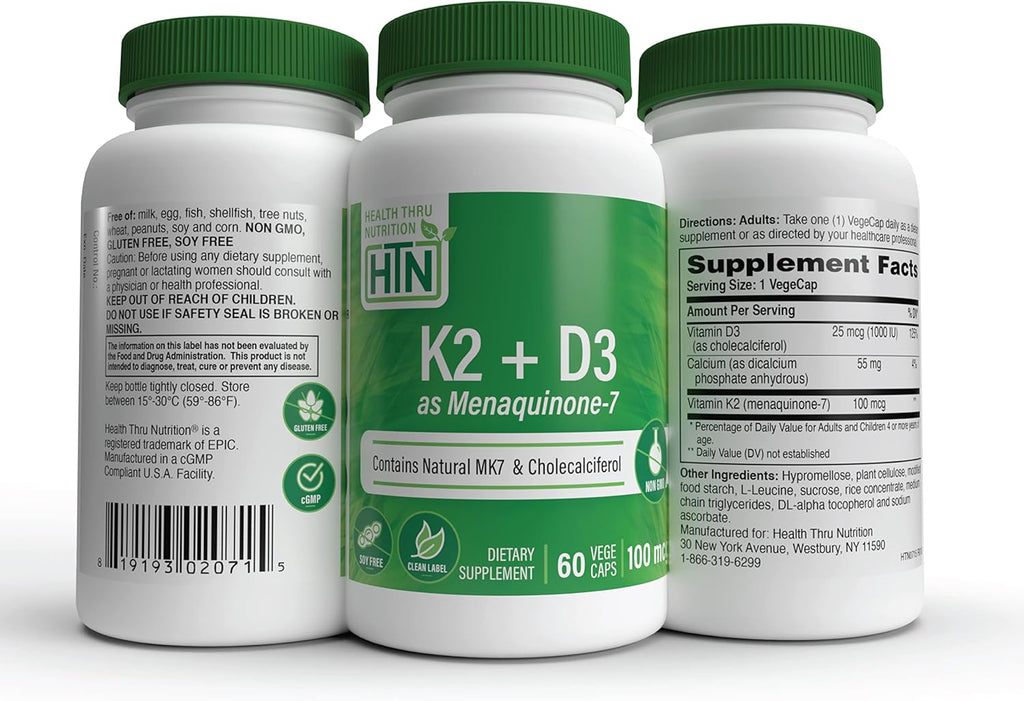 Health Thru Nutrition K2 + D3 Complex | K2 100mcg as MenaQ7 Menaquinone 7 MK7 & D3 1,000iu | 3rd Party Tested | Non-GMO (Pack of 60)