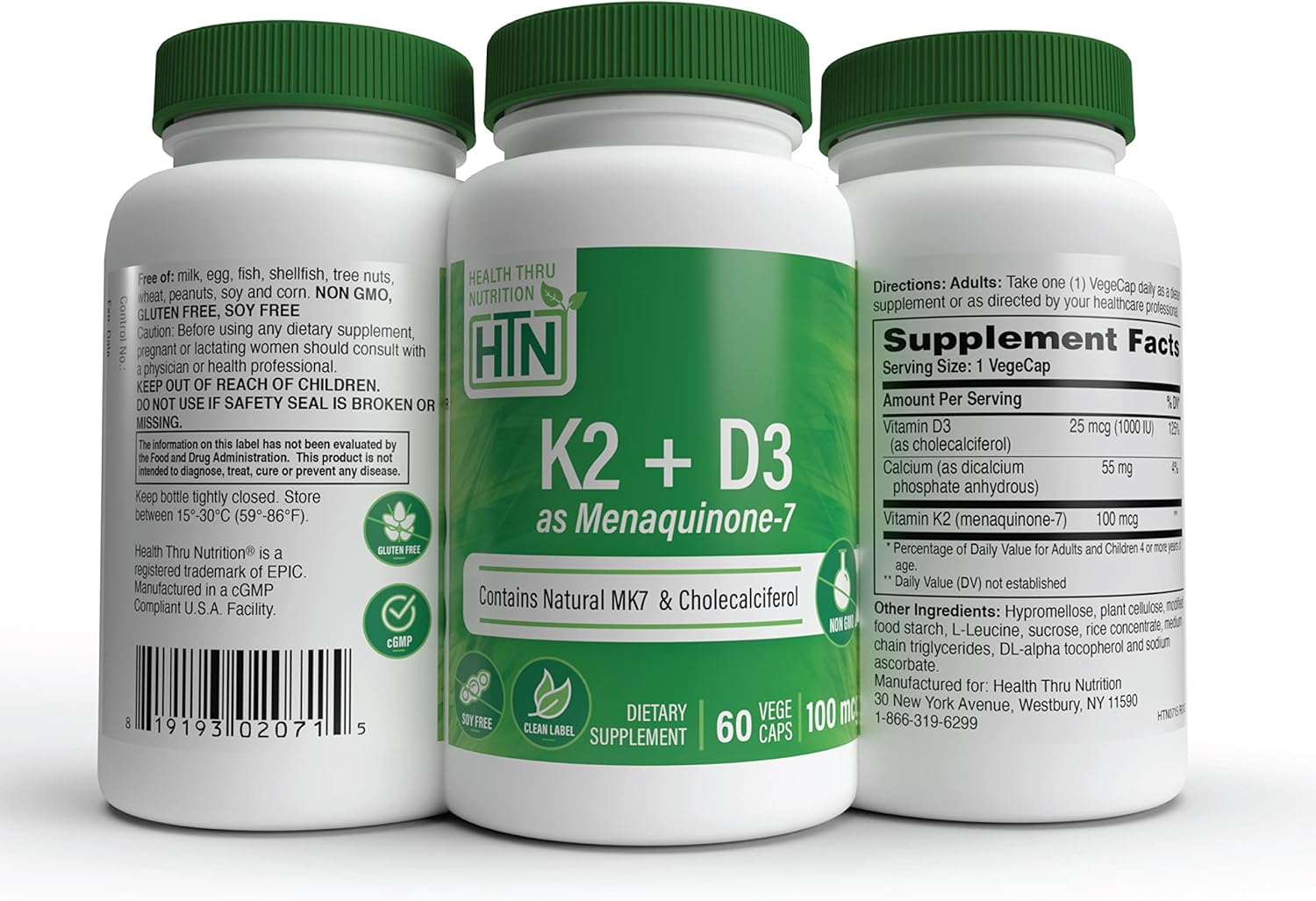 Health Thru Nutrition K2 + D3 Complex | K2 100mcg as MenaQ7 Menaquinone 7 MK7 & D3 1,000iu | 3rd Party Tested | Non-GMO (Pack of 60)