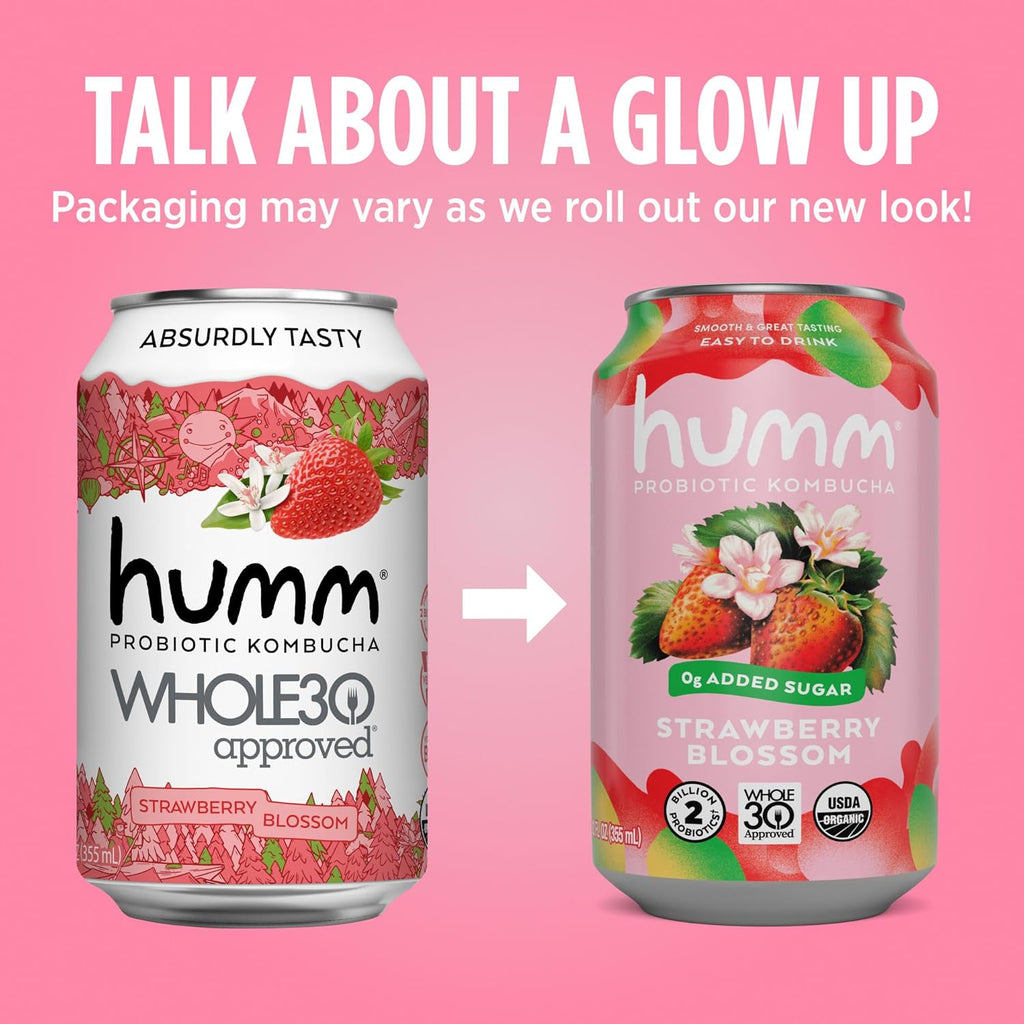 Humm Whole30 Approved Kombucha Seasonal Variety Pack, Strawberry Blossom, Cherry Limeade, Pineapple Kiwi, Organic, Vegan & GMO Free (12 Pack)