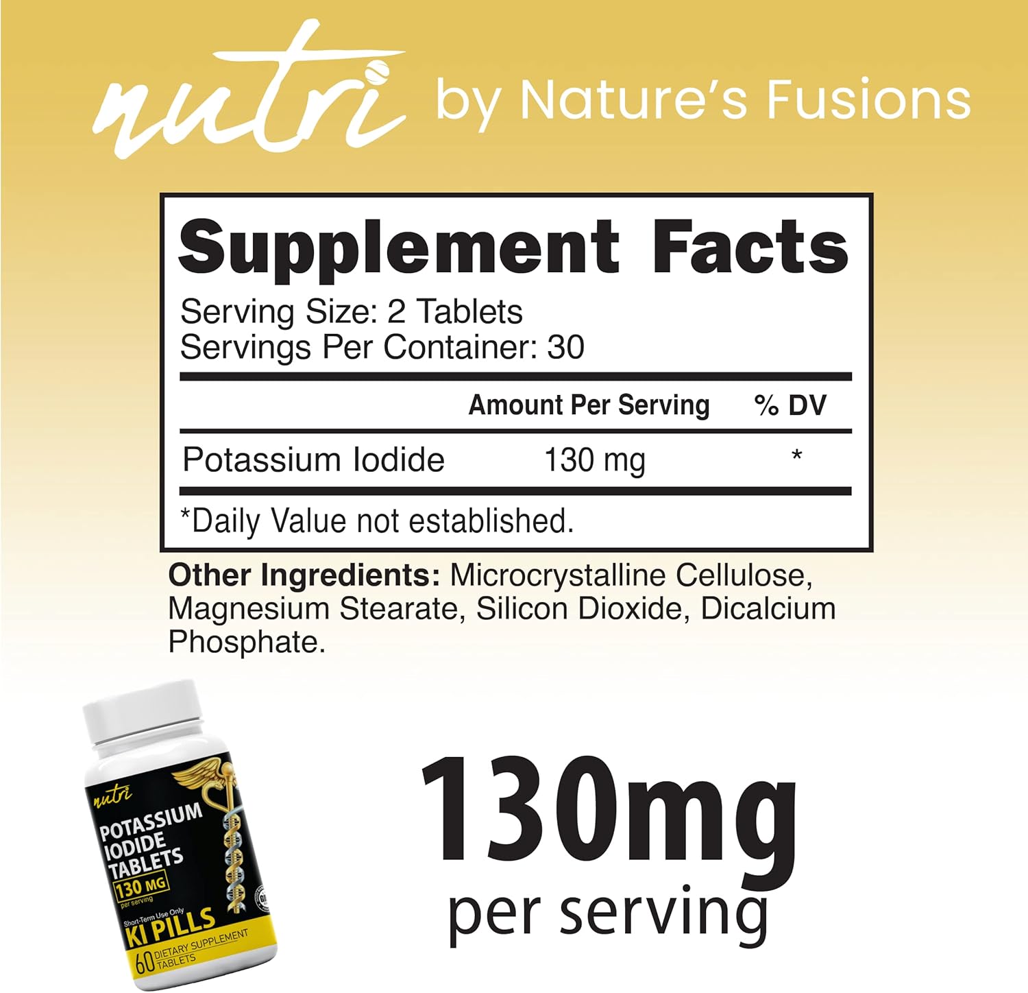 Nature's Fusions Potassium Iodide Tablets 130 mg (Pack of 2) - (120 Tablets) EXP 10/2032 - Ki Pills - Yoduro de potasio