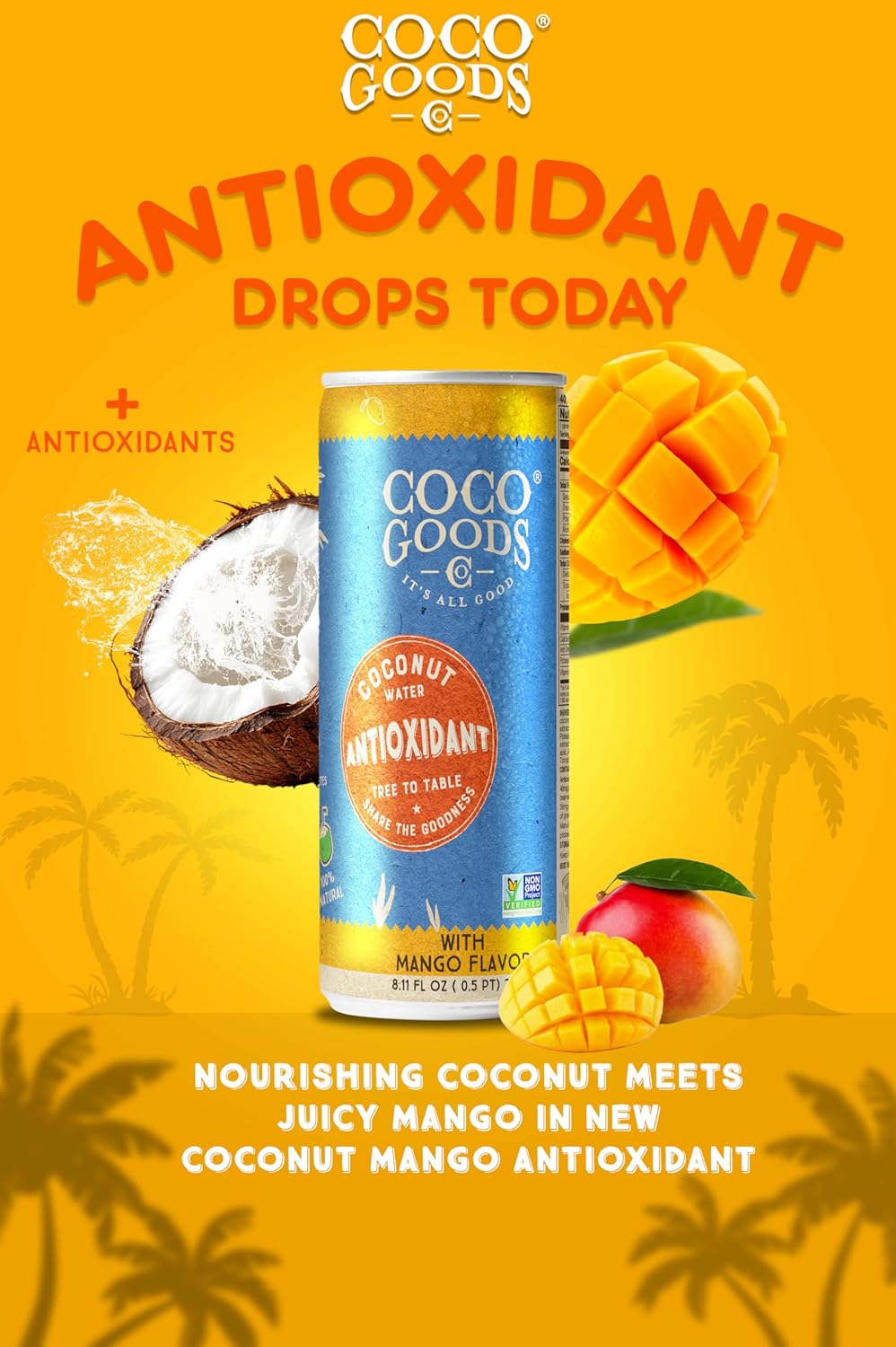 CocoGoodsCo Antioxidant Drink with Coconut Water, Mango – 35mg Natural Caffeine, 0g Sugar, Naturally Sweetened, 10 Calories, with Green Coffee & Vitamin E – 8.11 fl oz Cans (12 Pack)