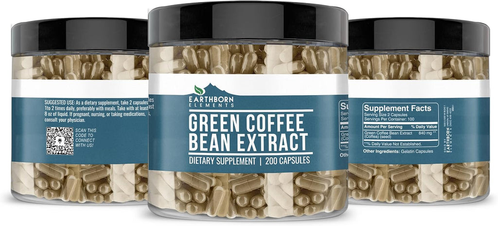 Earthborn Elements Green Coffee Bean Extract 200 Capsules, Pure & Undiluted, No Additives
