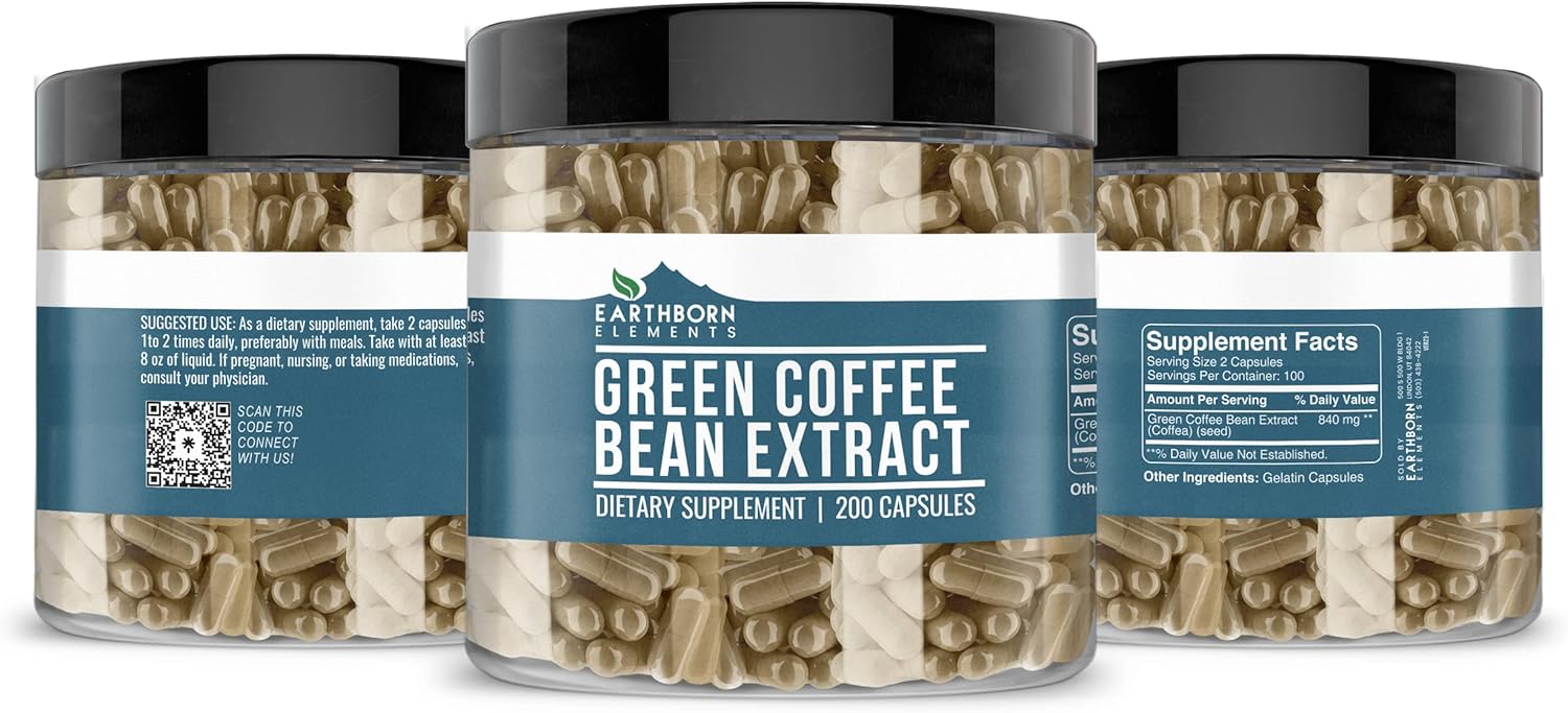 Earthborn Elements Green Coffee Bean Extract 200 Capsules, Pure & Undiluted, No Additives