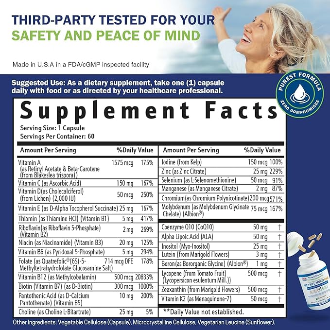 Power By Naturals Methyl Multi One – Iron-Free Methylated Multivitamin for Men & Women with B12 Methylcobalamin, P5P, Folate (5-MTHF), CoQ10 & Zinc for Energy & MTHFR Support, 60 Capsules (2-PK)