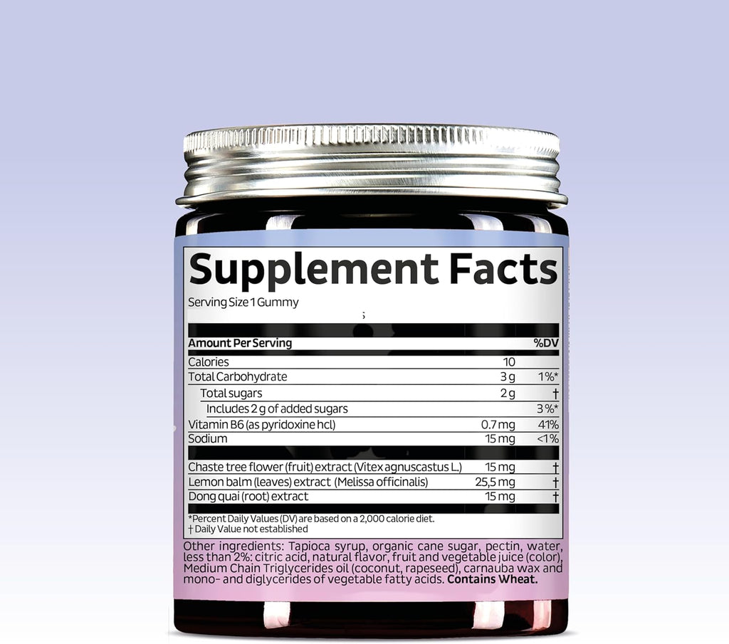 PMS Support Supplement for Women. Menstrual Relief Gummies to Target Hormonal Breakouts, Bloating, Period Cramps, & Mood Swings. Vegan, with Vitamin B6 & Lemon Balm, 60 Gummies