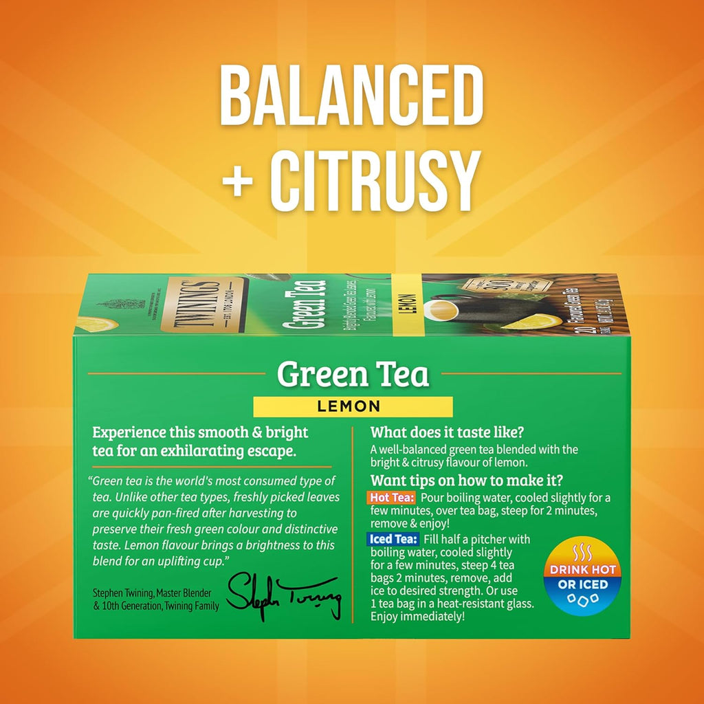 Twinings Green Tea with Lemon Individually Wrapped Bags, 20 Count (Pack of 6), Zesty Citrus Aroma & Flavour, Caffeinated, Enjoy Hot or Iced, 120 Teabags