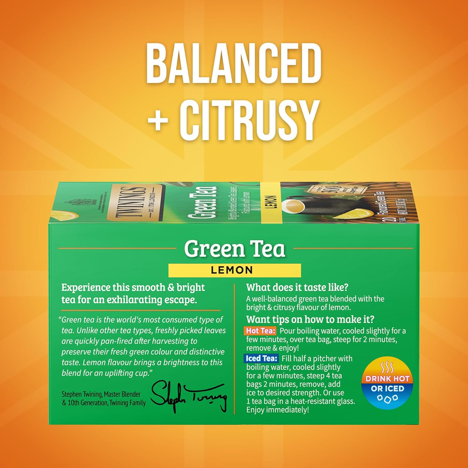 Twinings Green Tea with Lemon Individually Wrapped Bags, 20 Count (Pack of 1), Zesty Citrus Aroma & Flavour, Caffeinated, Enjoy Hot or Iced, 20 Teabags